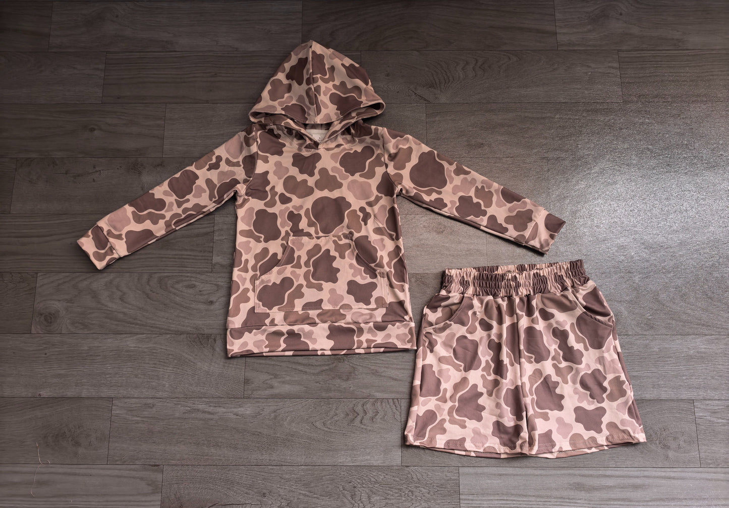 ( No moq ) Preorder Baby Boy Kids Long Sleeves Camo Hoodie Shirt Pockets Shorts Set