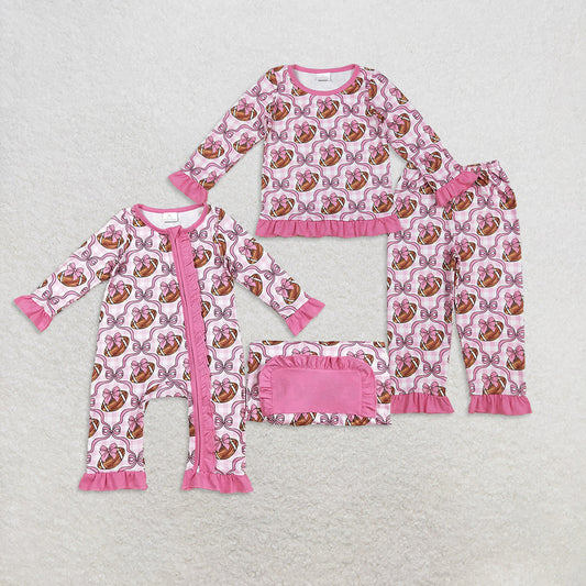 Girls Kids Long Sleeves Football Bows Pink Checked Sibling Ruffle Zipper Romper Pajamas Set RTS