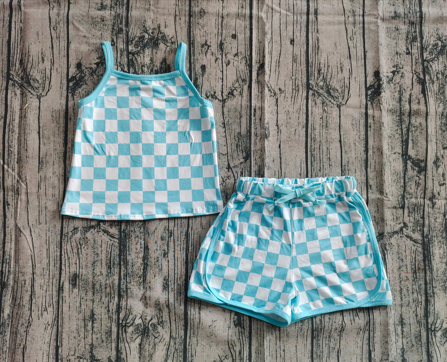 Baby Girl Toddler Straps Blue Checked Vest Tops Shorts Sports Set RTS