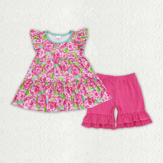 Baby Girl Short Sleeves Floral Tunic Pink Cotton Shorts Summer Set