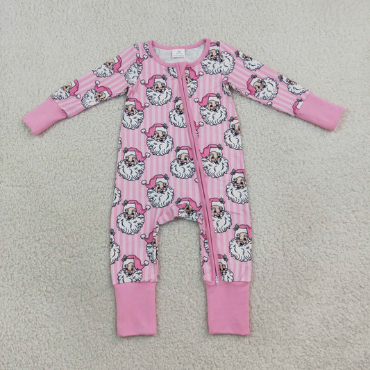 Baby Girls Kids Long Sleeves Christmas Santa Pink Stripes Zipper Footie Sleeper Romper RTS