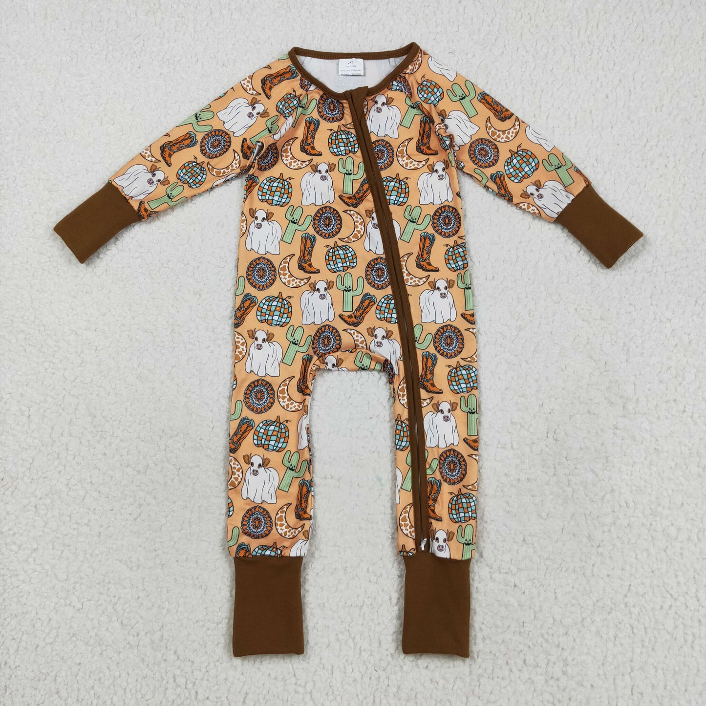 Baby Boy Long Sleeves Cow Cactus Boots Zipper Western Halloween Romper RTS