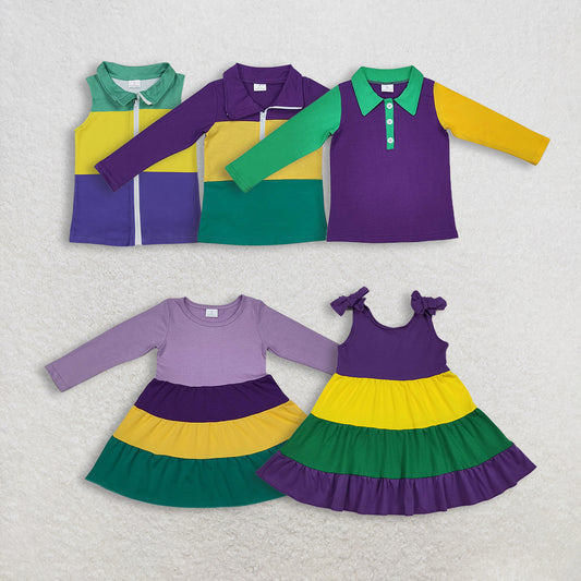 Sibling Baby Boys Girls Kids Mardi Gras Purple Green Yellow Print Shirts Dresses RTS