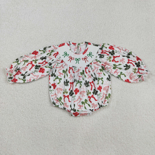 Baby Girl Long Sleeves Christmas Embroidery Bows Bubble Smocked Romper RTS