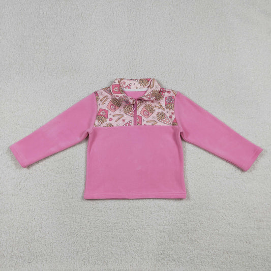 Baby Girls Pink Long Sleeves Chip Hearts Valentines Zipper Fleece Pullover Sweater RTS