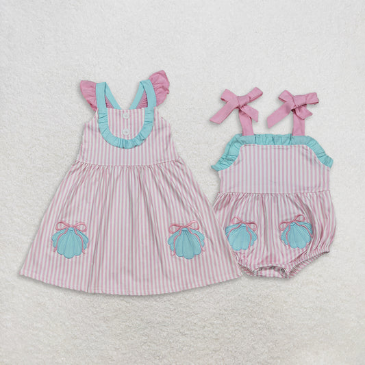 Sibling Baby Girls Kids Embroidery Shell Bows Stripes Romper Dress Clothes RTS