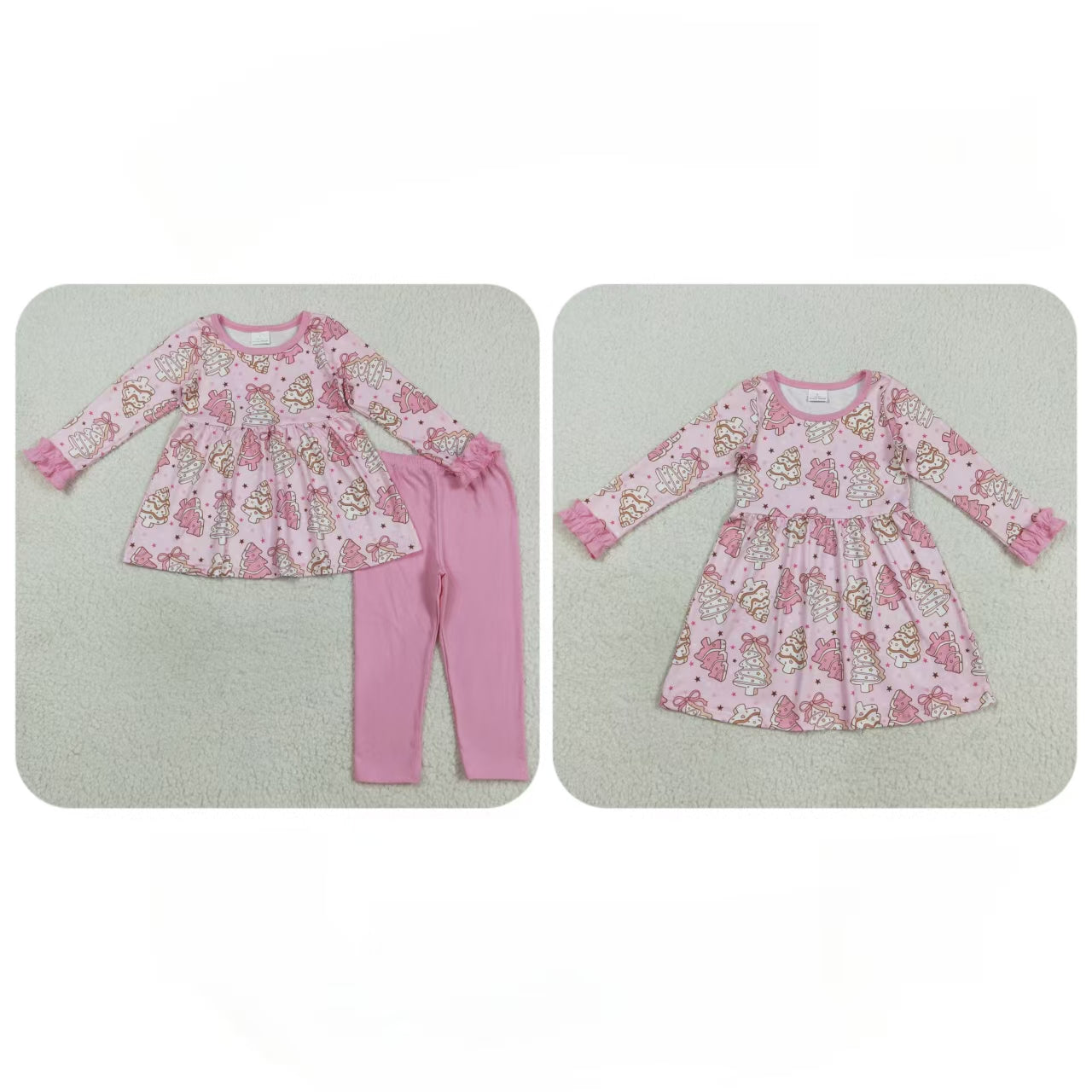 Kids Girls Long Sleeves Pink Cake Trees Sibling Christmas Dress Set Clothes RTS