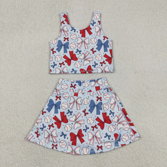 Baby Girls Kids Bows Baseball Shirt Skirt Shorts Yoga Active 4th of July Blue Set Clothes RTS