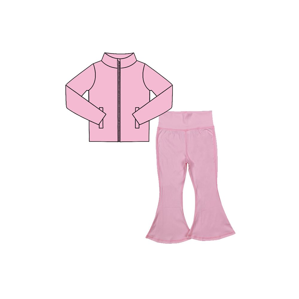 ( Moq 5 ) Preorder Baby Girls Kids Pockets Zipper Cardigan Tops Pants Pink Set Yoga Active Clothes