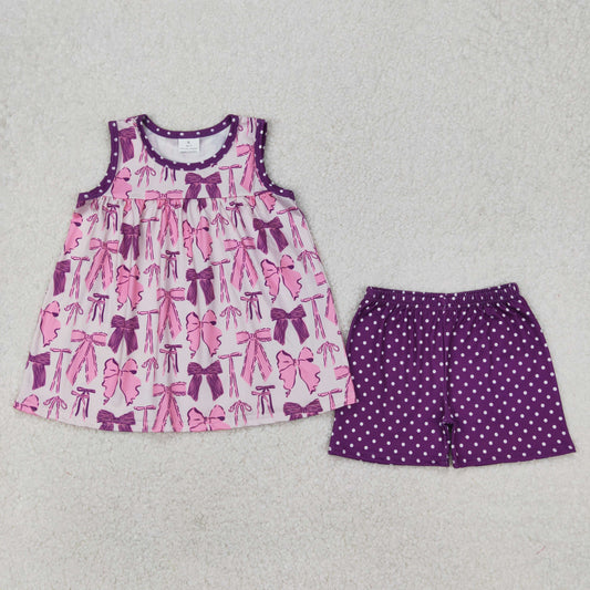 Baby Girl Sleeveless Bows Tunic Dots Purple Shorts Clothes Set RTS