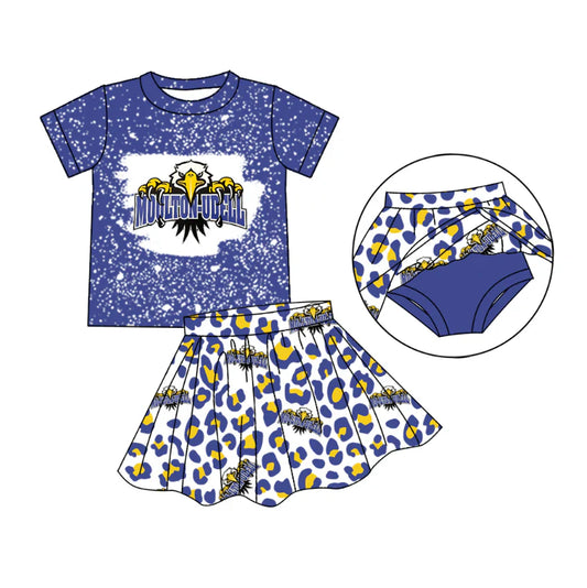 Baby Girl Blue Short Sleeves Team Shirt Leopard Skirt Shorts Skort Clothes Set ( Moq 5 )