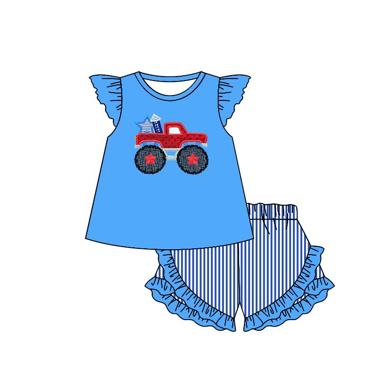 Moq 3 Pre-order GSSO0463 Baby Girl Tractor July 4th Tops Stripes Ruffle Shorts Blue Set