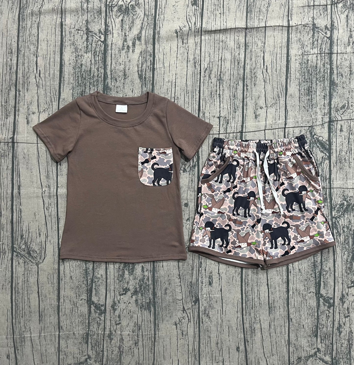 Baby Boys Kids Short Sleeves Pocket Shirt Dogs Ducks Camo Shorts Clothes Set RTS