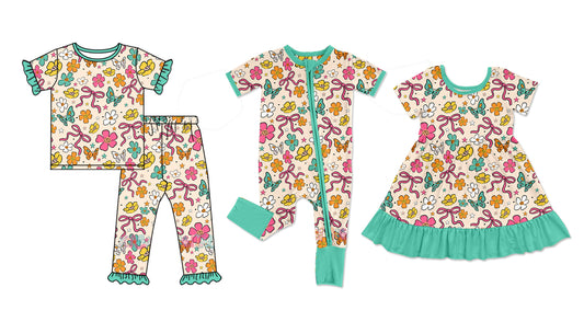 ( Moq 5 Each Style ) Sibling Baby Girls Kids Short Sleeves Bows Flower Green Ruffle Dress Romper Set Clothes