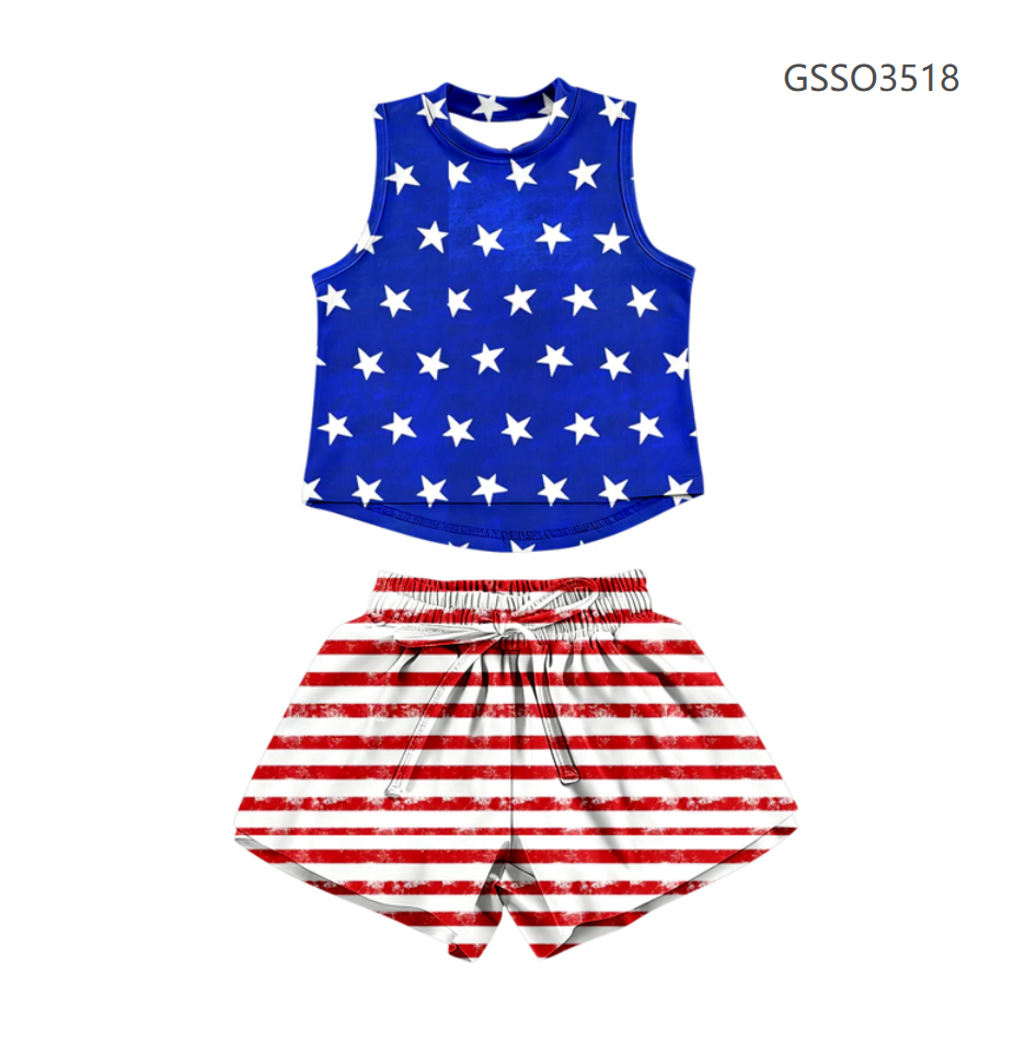 ( Moq 5 ) Preorder Baby Girls Kids Sleeveless Stars Stripes Tops Shorts Set 4th of July Clothes