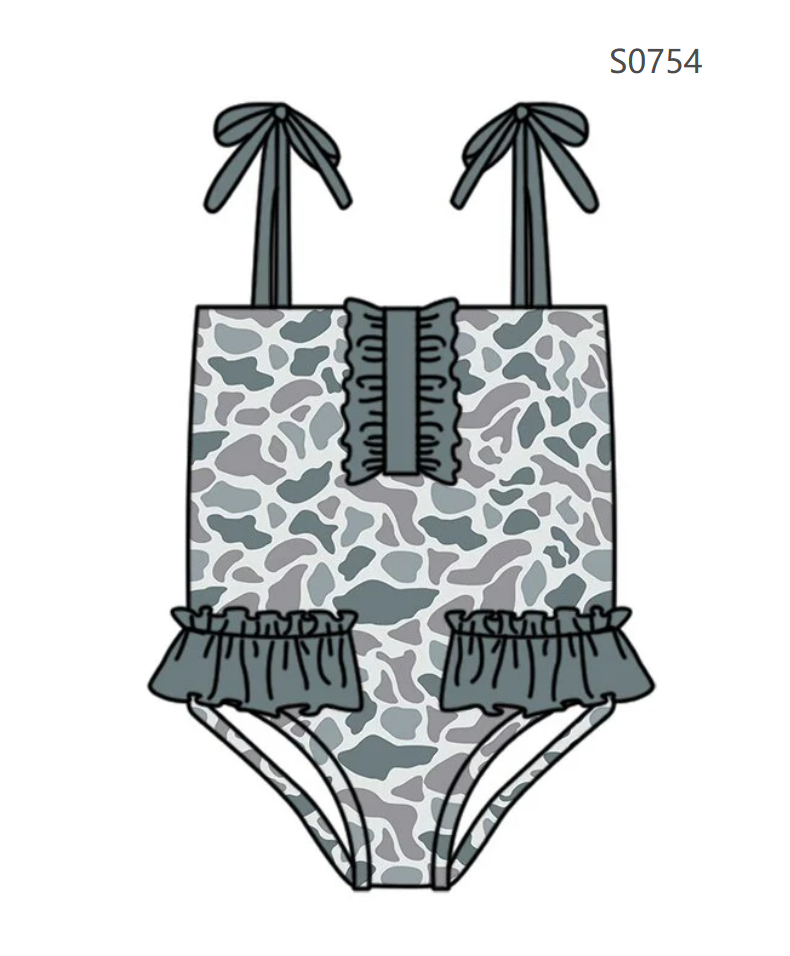 ( Moq 5 ) Preorder Baby Girls Kids Sleeveless Grey Camo Ruffle Summer One-piece Swimsuit