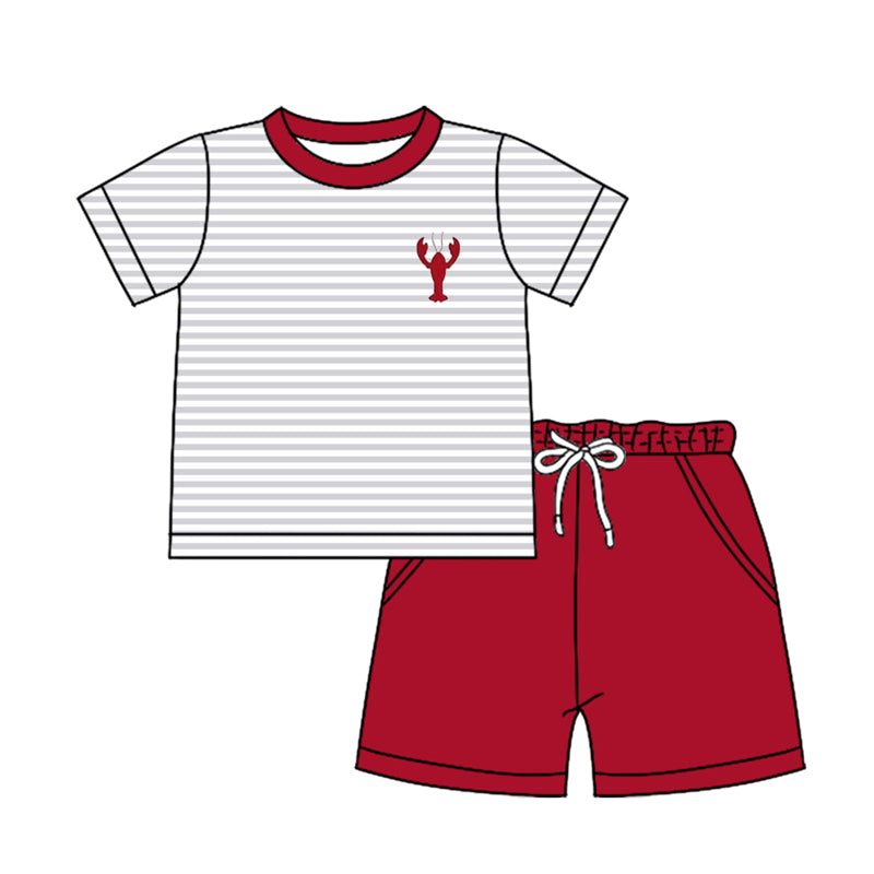 Baby Boy Short Sleeves Stripes Crawfish Shirt Pockets Red Shorts Clothes Set Moq 5