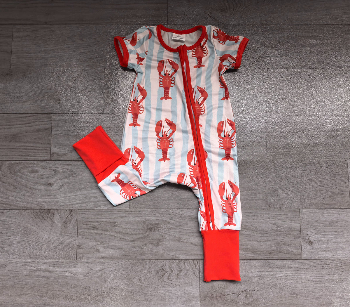 ( No moq ) Preorder Baby Boys Kids Short Sleeves Crayfish Stripes Zipper Footie Romper Clothes