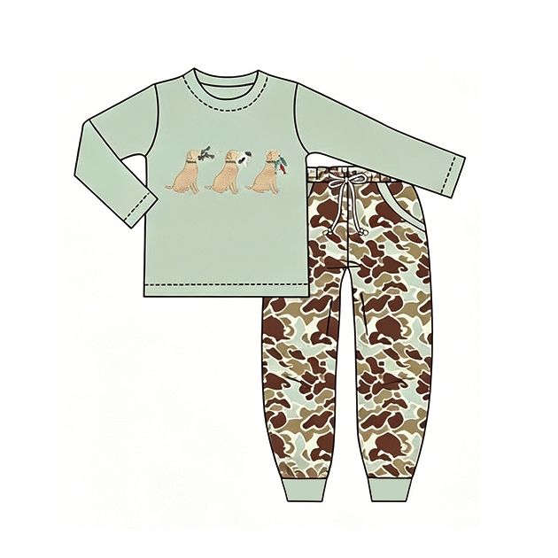 ( Moq 5 ) Preorder Baby Boys Kids Long Sleeves Dogs Ducks Shirt Pockets Camo Pants Set Clothes