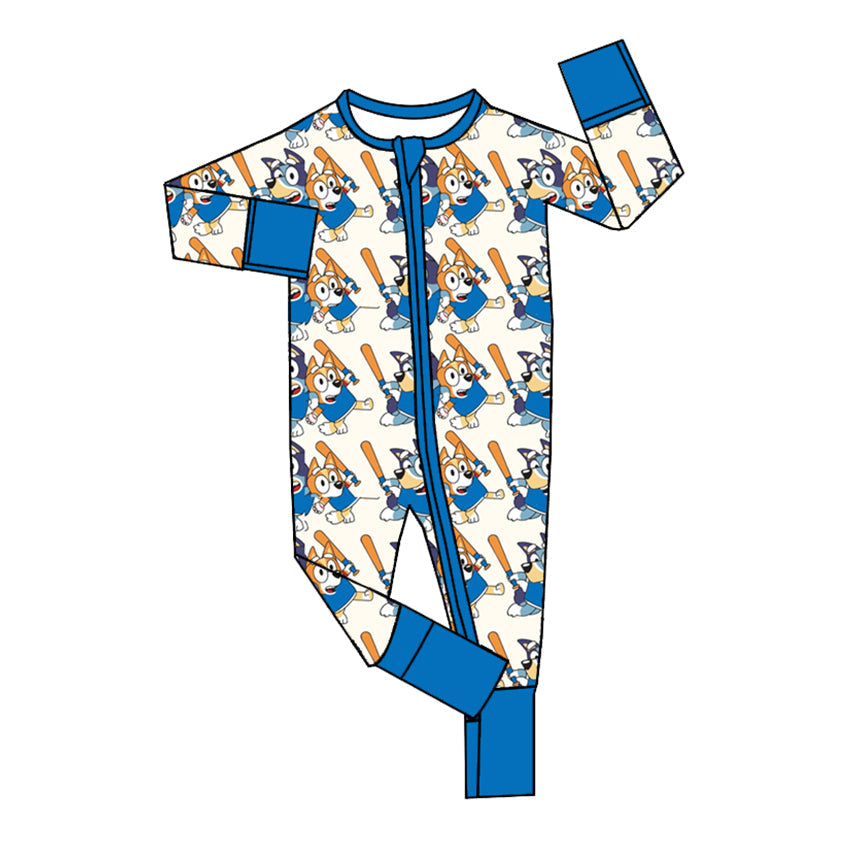 Baby Boy Baseball Dogs Zipper Blue Romper