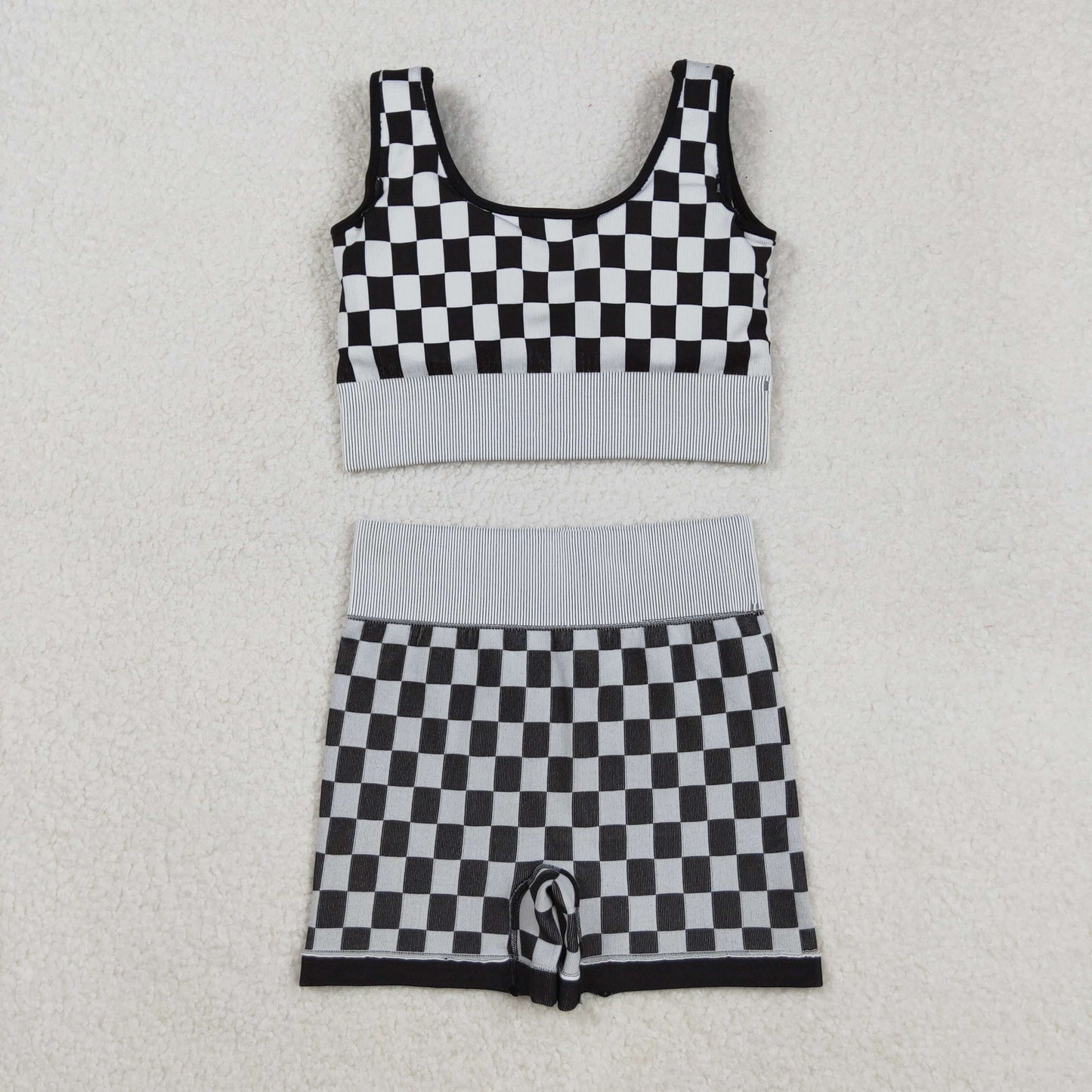 Adult Woman Sleeveless Black Checkered Tank Tops Shorts Knitted Yoga Set RTS