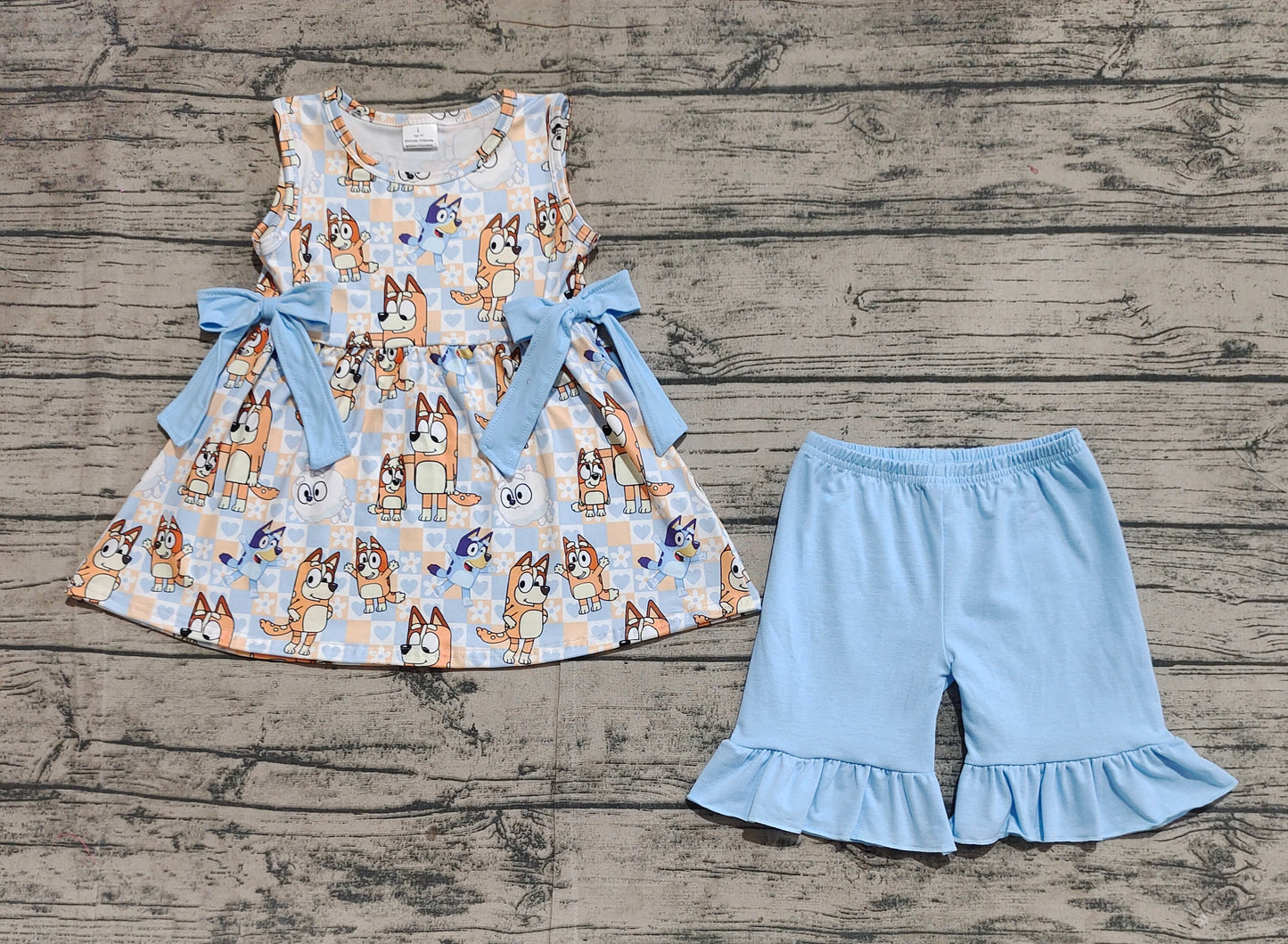 Baby Girl Sleeveless Cartoon Dogs Bows Tunic Blue Ruffle Shorts Set RTS