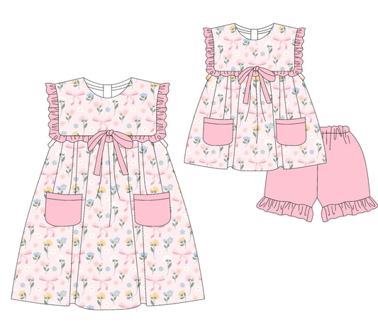 ( Moq 5 Each Style ) Sibling Baby Girls Kids Bows Floral Pockets Dress Set Clothes