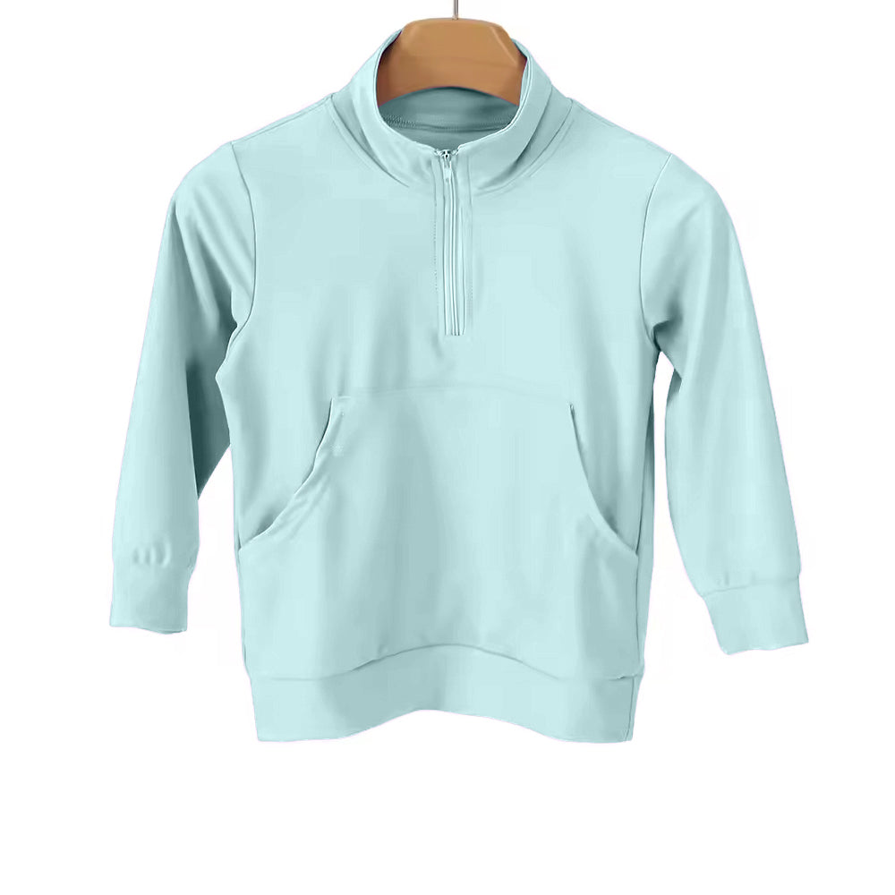 ( Moq 5 ) Preorder Baby Girls Kids Long Sleeves Pocket Zipper Yoga Pullover Blue Shirt