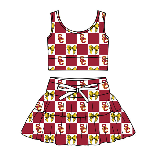 ( Moq 5 ) Baby Girls Kids Sleeveless SC Bows Checked Tops Shorts Skirt Team Set