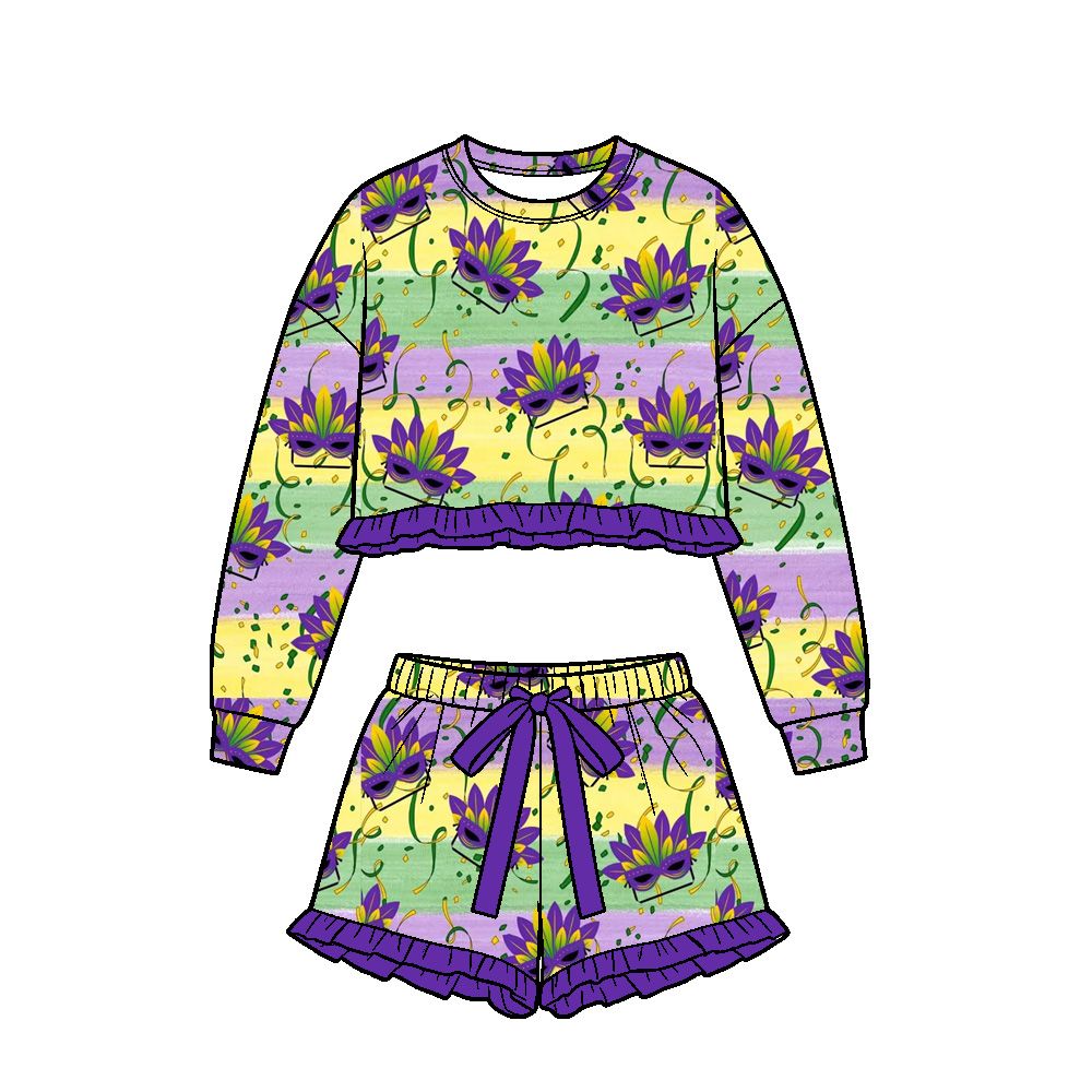 ( Moq 5 ) Preorder Baby Girls Kids Long Sleeves Masks Stripes Shirt Shorts Set Mardi Gras Clothes