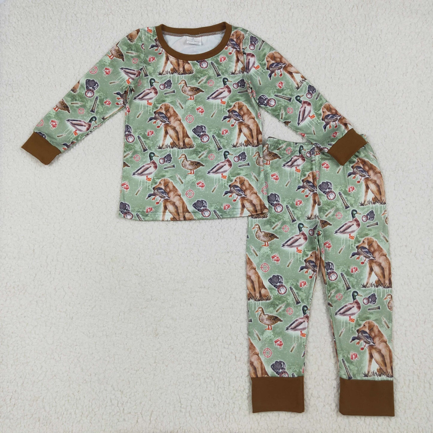 Baby Boy Green Long Sleeves Dogs Ducks Baseball Shirt Pant Pajamas Set RTS