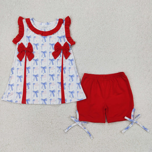 Baby Girl Sleeveless Bows Flags Tunic Red Shorts 4th Of July Set RTS