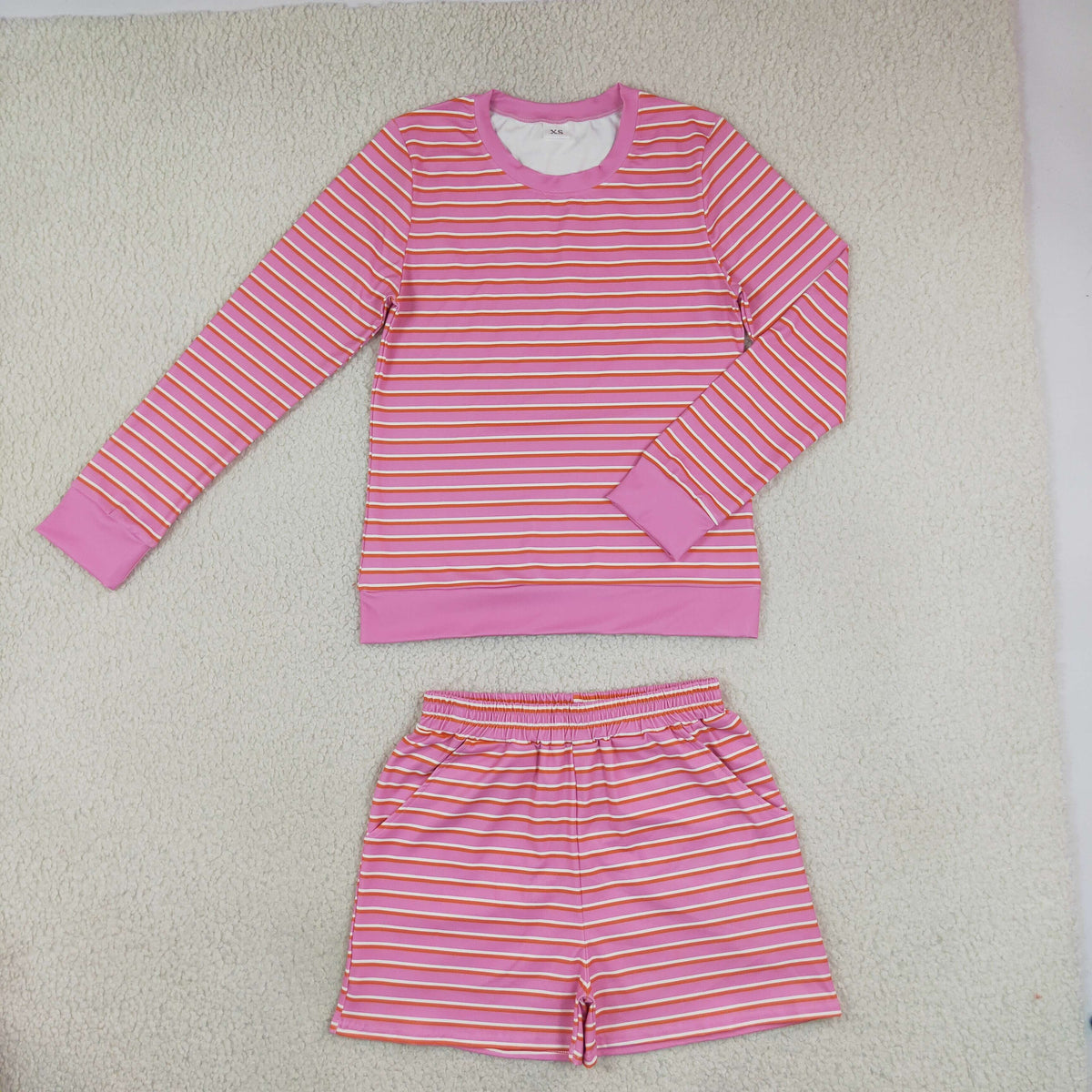 Adult Women Long Sleeves Pink Stripes Shirt Pockets Shorts Yoga Active Set RTS