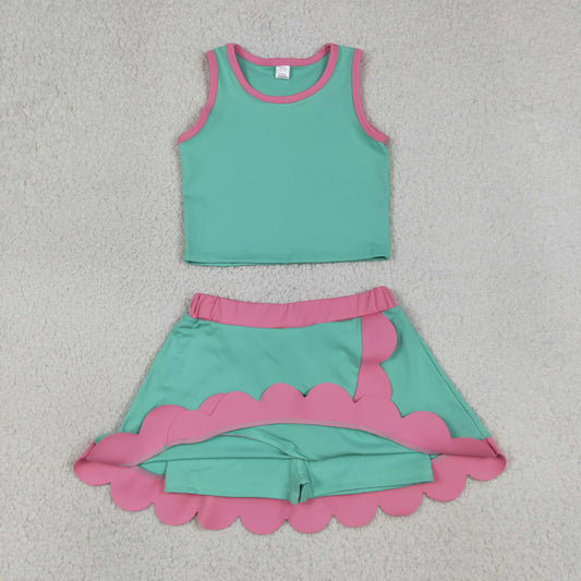 Baby Girls Kids Green Tops Scallop Skirt Shorts Yoga Active Set Summer Clothes RTS