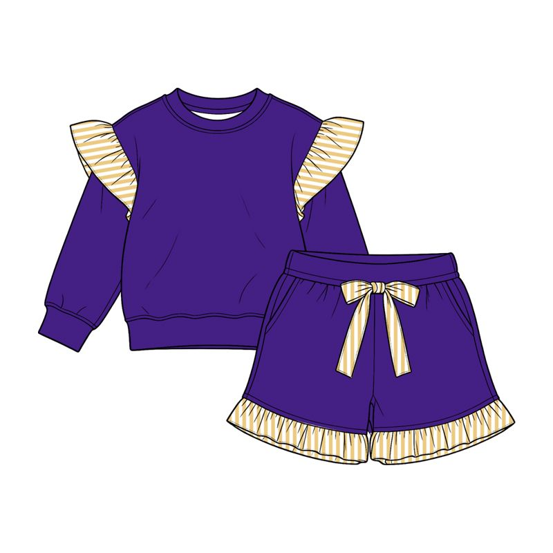 ( Moq 5 ) Preorder Baby Girls Kids Long Sleeves Tops Pockets Shorts Cotton Set Purple Clothes