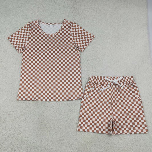 Adult Women Short Sleeves Brown Checked Shirt Shorts Pajamas Clothes Set RTS