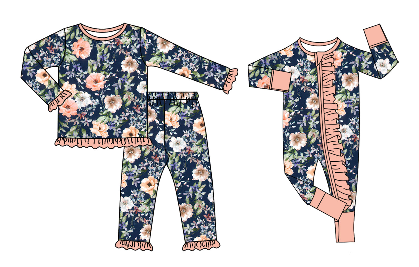 ( Moq 5 Each Style ) Sibling Baby Girl Kids Flower Set Ruffle Zipper Romper Pajamas Clothes