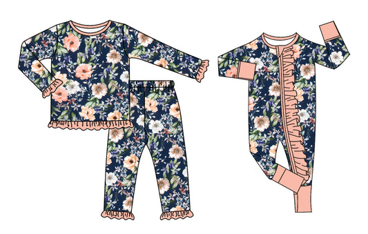 ( Moq 5 Each Style ) Sibling Baby Girl Kids Flower Set Ruffle Zipper Romper Pajamas Clothes