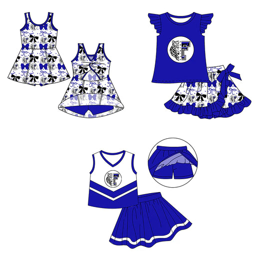 ( Moq 5 each style ) Baby Girl Summer Tiger Team Cheer Sibling Blue Bows Dress Set 7.18