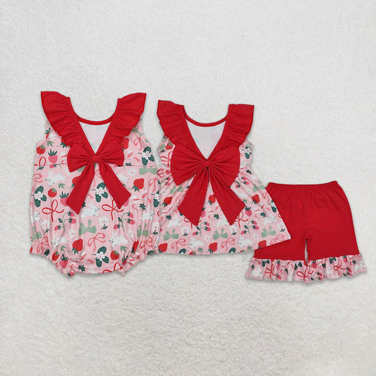 Baby Girl Easter Strawberry Flower Red Bows Sibling Romper Set RTS
