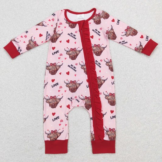 LR0804 Baby Girl Valentine's Day Cow Hearts Zipper Romper