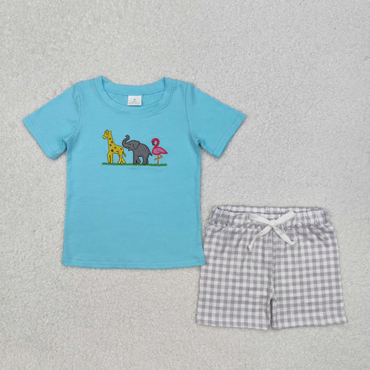 Baby Boy Short Sleeves Embroidery Animals Shirt Plaid Shorts Clothes Set