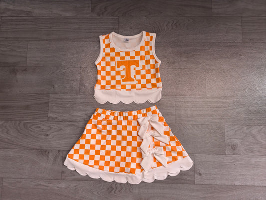 ( No moq ) Preorder Baby Girls Kids Orange Checked Shirt Scallop Bows Skirt Shorts Team Set Yoga Active Clothes