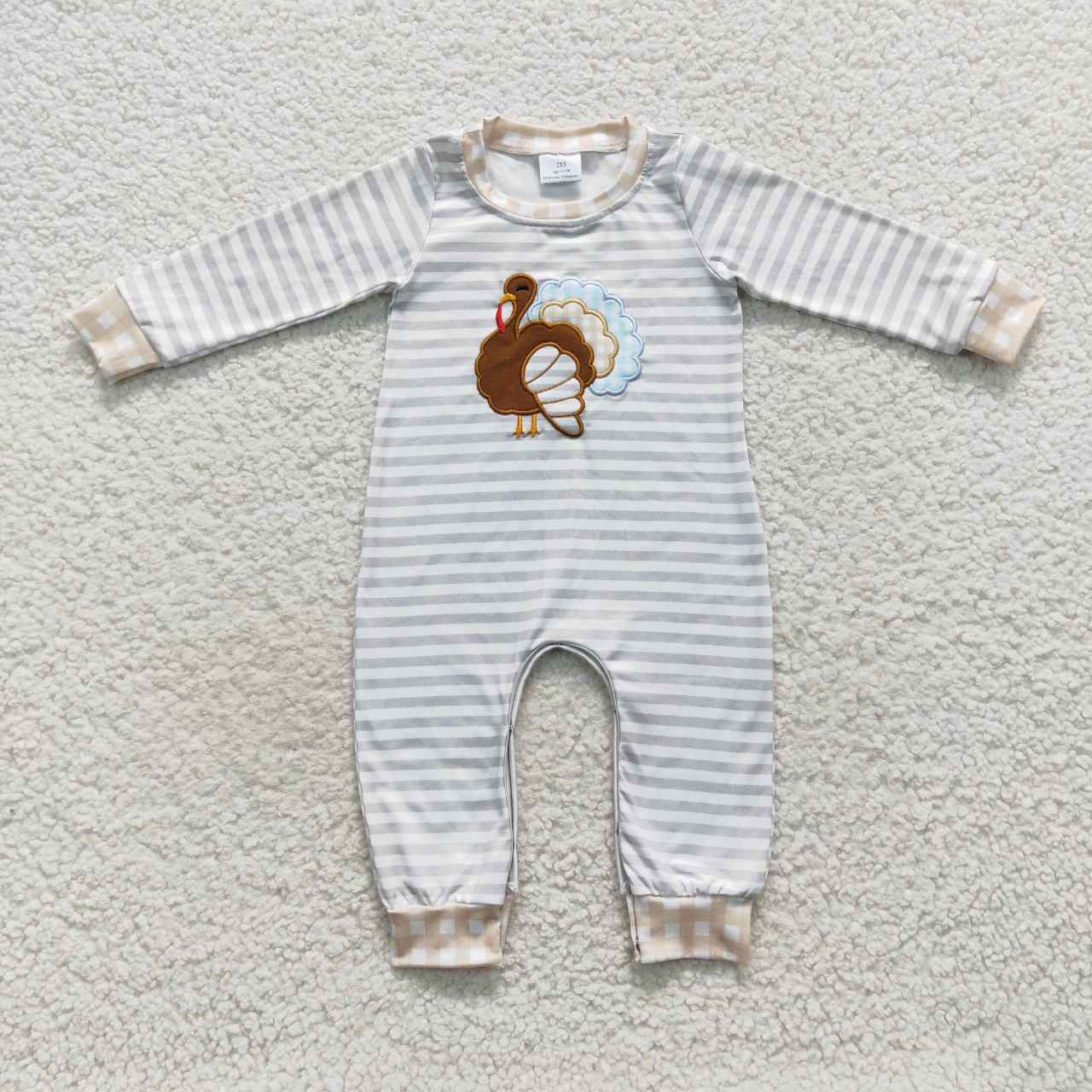 LR0426 Baby Girl Thanksgiving Embroidery turkey Long Sleeves One Piece Romper