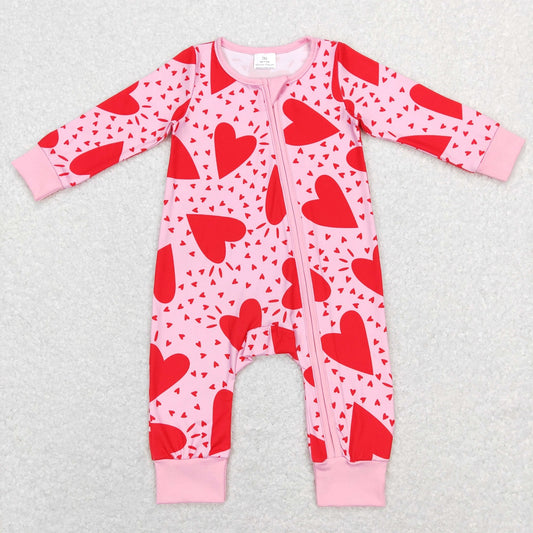 LR0839 Baby Girl Valentine's Day Hearts Zipper Romper