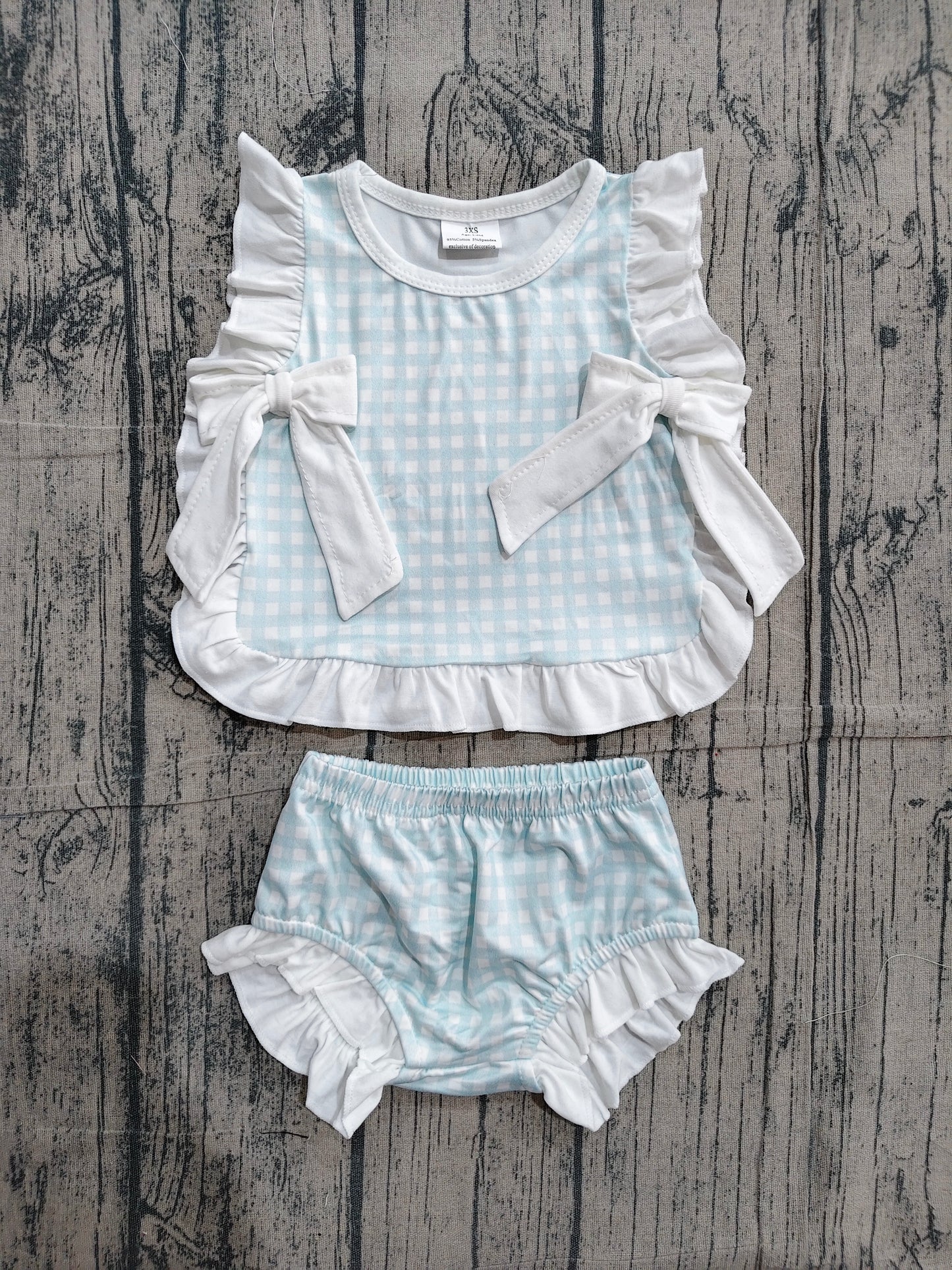 Baby Girl Kids Sleeveless Light Blue Bows Tops Plaid Bummie Shorts Set Clothes RTS