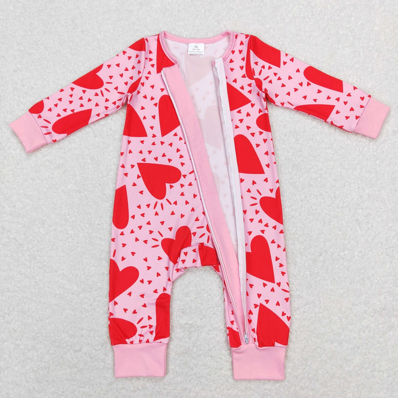 LR0839 Baby Girl Valentine's Day Hearts Zipper Romper