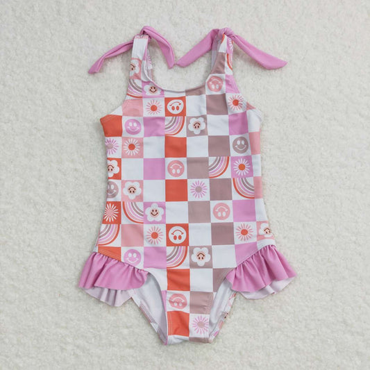 S0150 Baby Girl Smile Rainbow Floral One Piece Summer Swimsuit