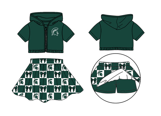 ( Moq 5 Each Style ) Baby Girls Toddler Green Hoodie Zipper Tops Bows Shorts Skirt Team Set