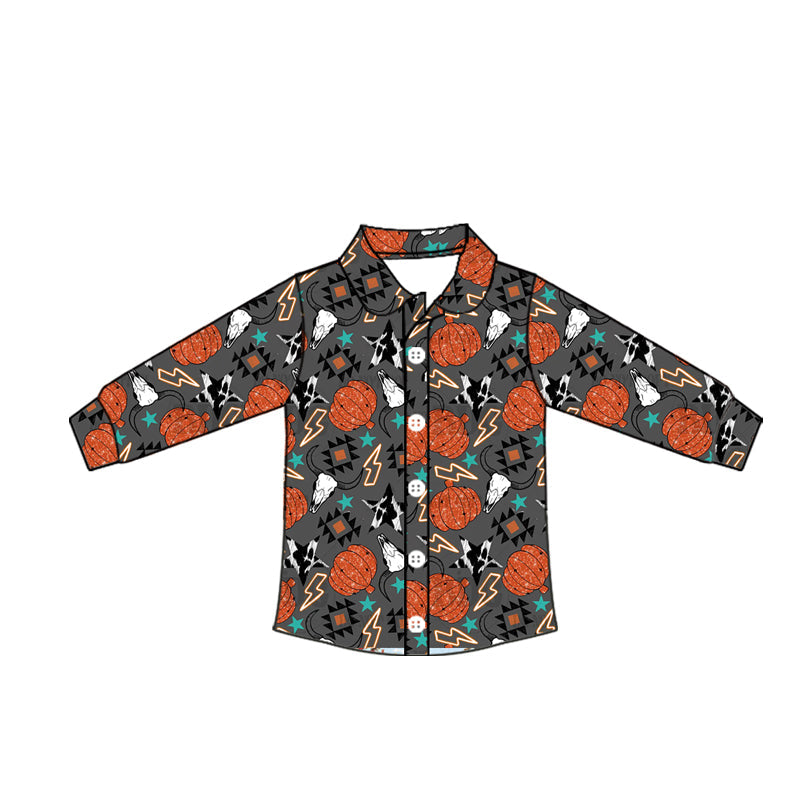 ( Moq 5 ) Baby Boy Long Sleeves Pumpkins Aztec Button Shirt Tops